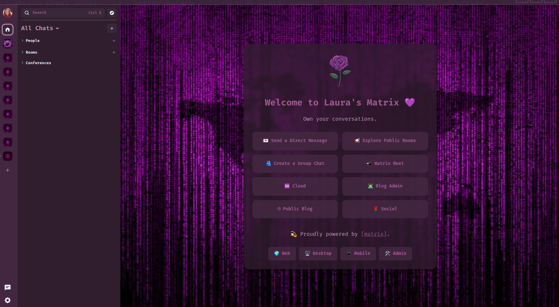 A screenshot showing a purple-themed instance of the Element Web client, opened on a home page with tagline stating 'Own your conversations'